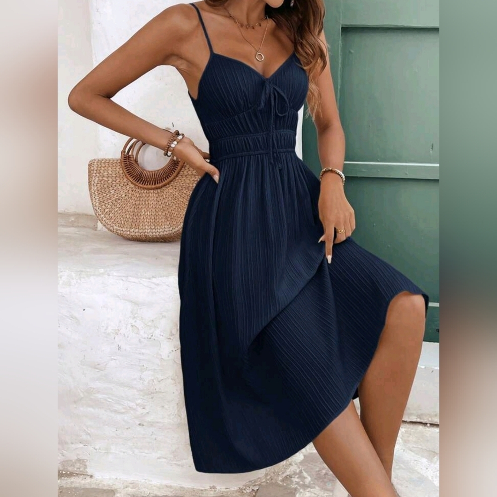 New Flowy Tie Detail Cami Midi Dress Textured Navy Blue